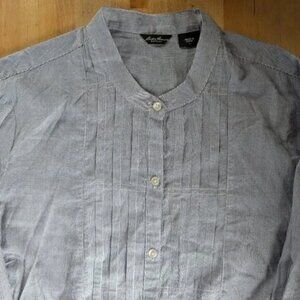 NWOT Eddie Bauer Button Up Blouse Navy White with Band Collar and Pintucks Large